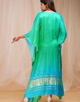 4D Dyeing of Coral Blue and Bright Green Model Satin Silk Kaftaan