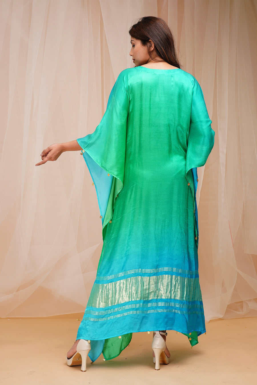 4D Dyeing of Coral Blue and Bright Green Model Satin Silk Kaftaan
