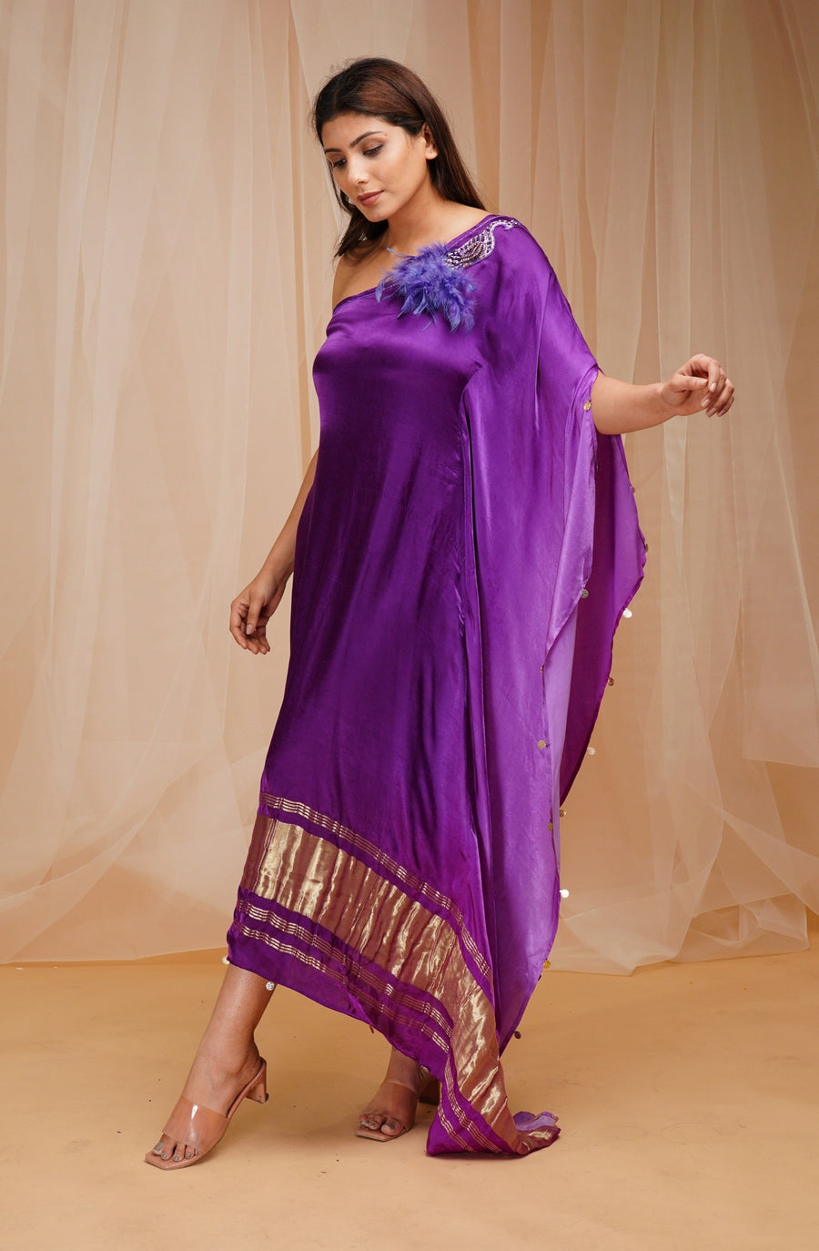 One Shoulder Model Satin Silk Violet Kaftaan