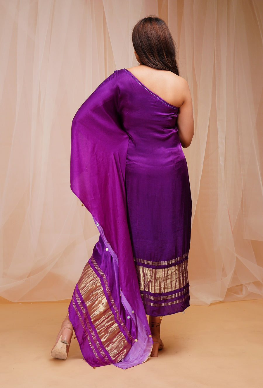 One Shoulder Model Satin Silk Violet Kaftaan