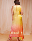 4D Dyeing of Pale Yellow & Reddish Orange Model Satin Silk Kaftaan