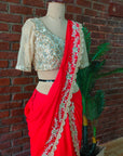 Red and Nude Mirror Work Pre-Stitched Saree