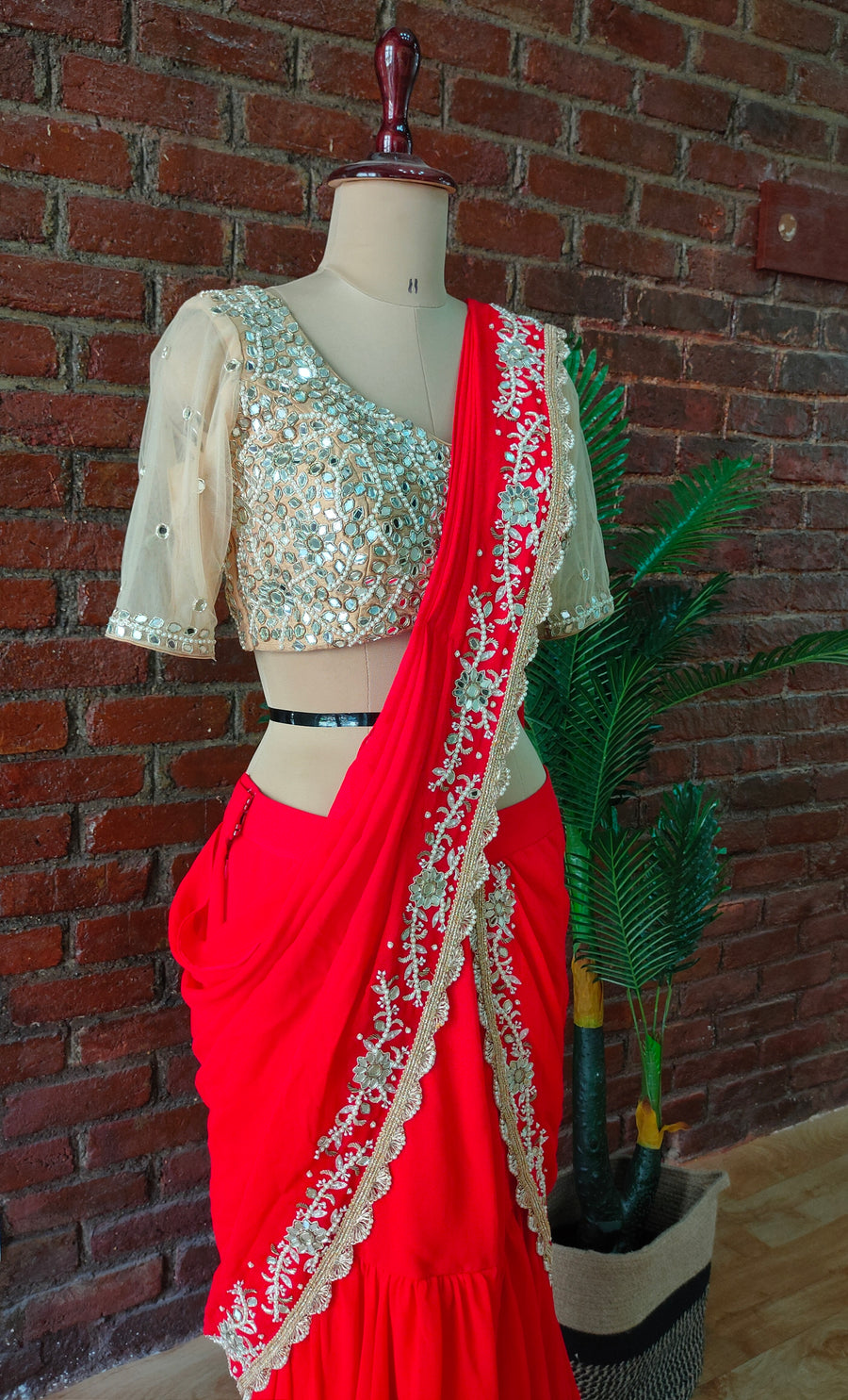Red and Nude Mirror Work Pre-Stitched Saree