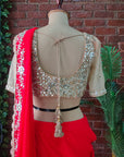 Red and Nude Mirror Work Pre-Stitched Saree