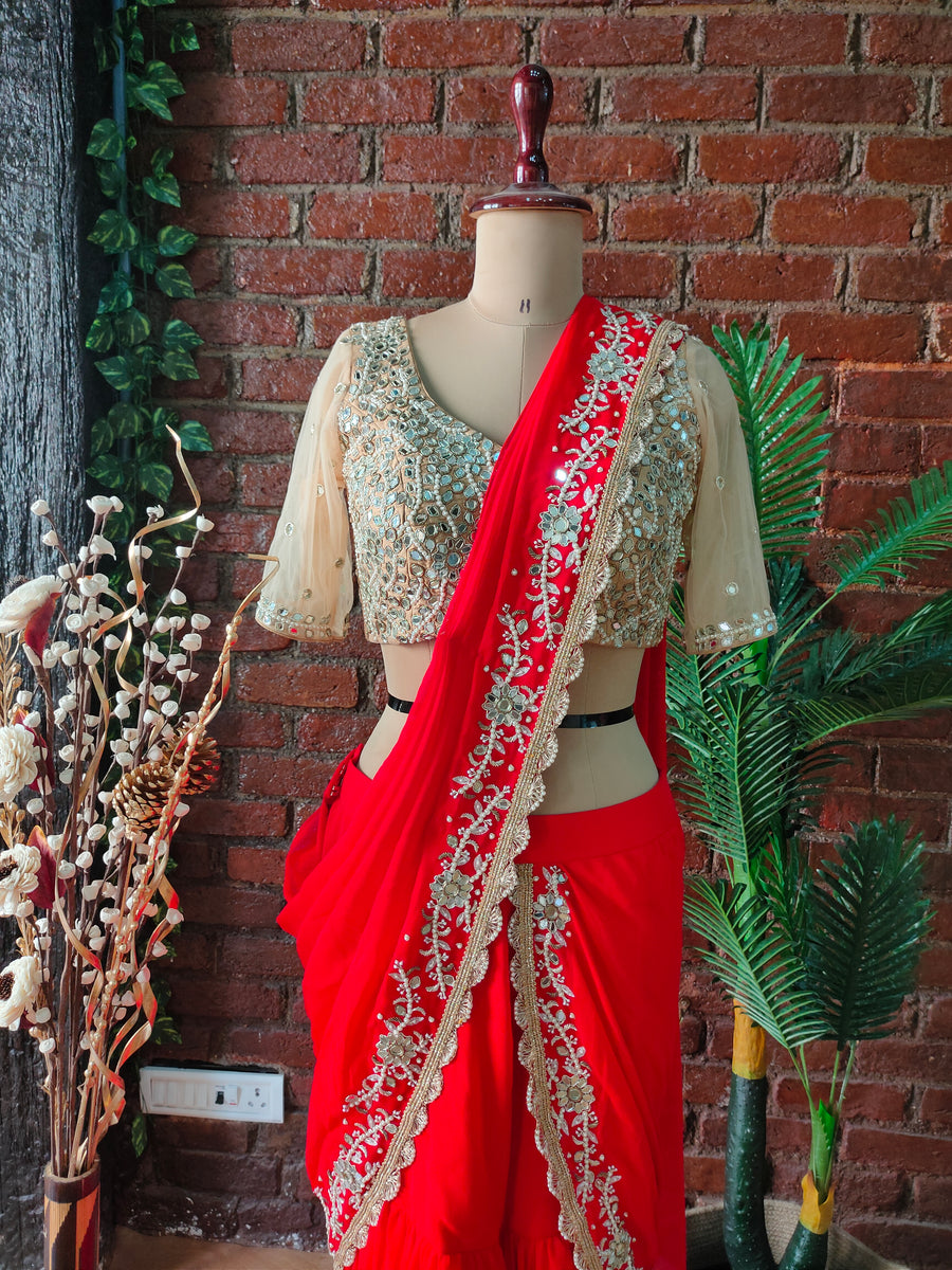 Red and Nude Mirror Work Pre-Stitched Saree