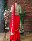 Red and Nude Mirror Work Pre-Stitched Saree