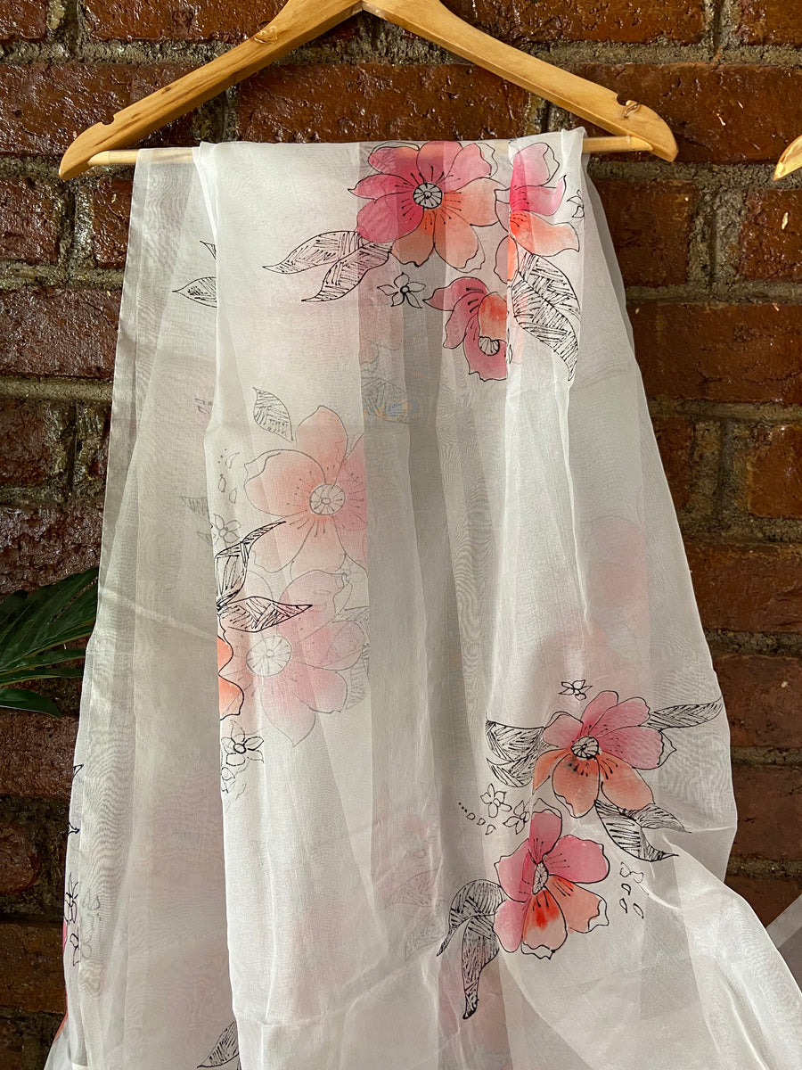 Ivory Hand Painted Organza Saree with Ivory Mirror Work Blouse