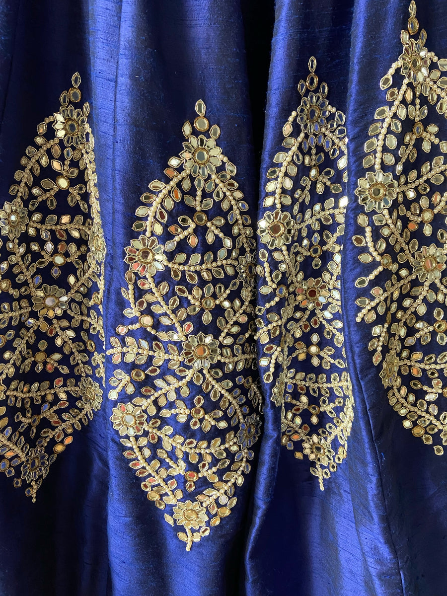 Royal Blue Raw Silk Mirror Work Lehenga Set