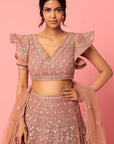 Dusty Peach Organza Thread and Sequins Embroidered Lehenga