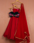 Red Bandani Lehenga with Midnight Blue Embroidered Blouse