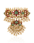 Gold Finish Pink & Green Jadau Choker Set with White Pearl