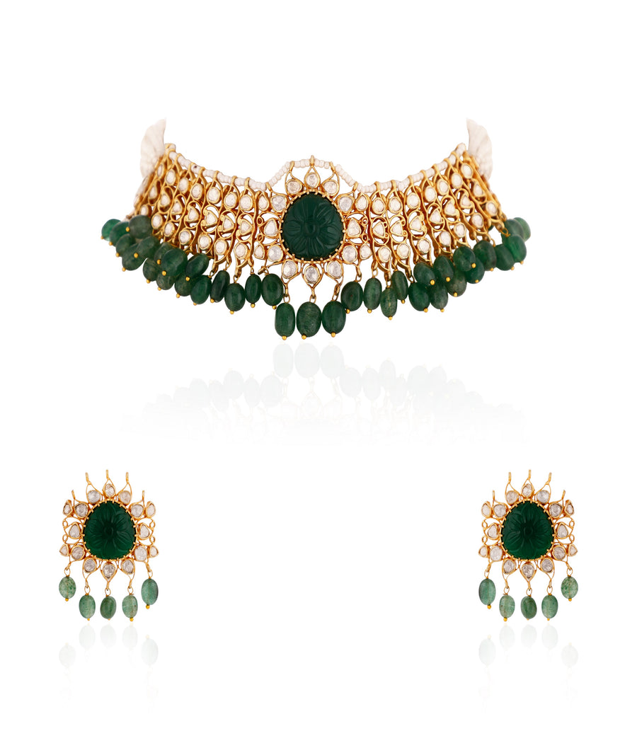 Emerald Green Beads And White Stone Pure Silver Choker Set