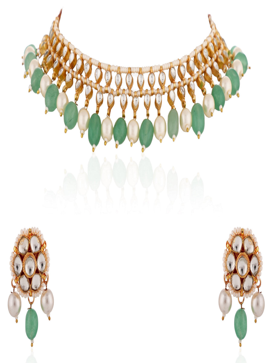 Indian Traditional Wear Sea Green Beads with White Pearl Choker Set