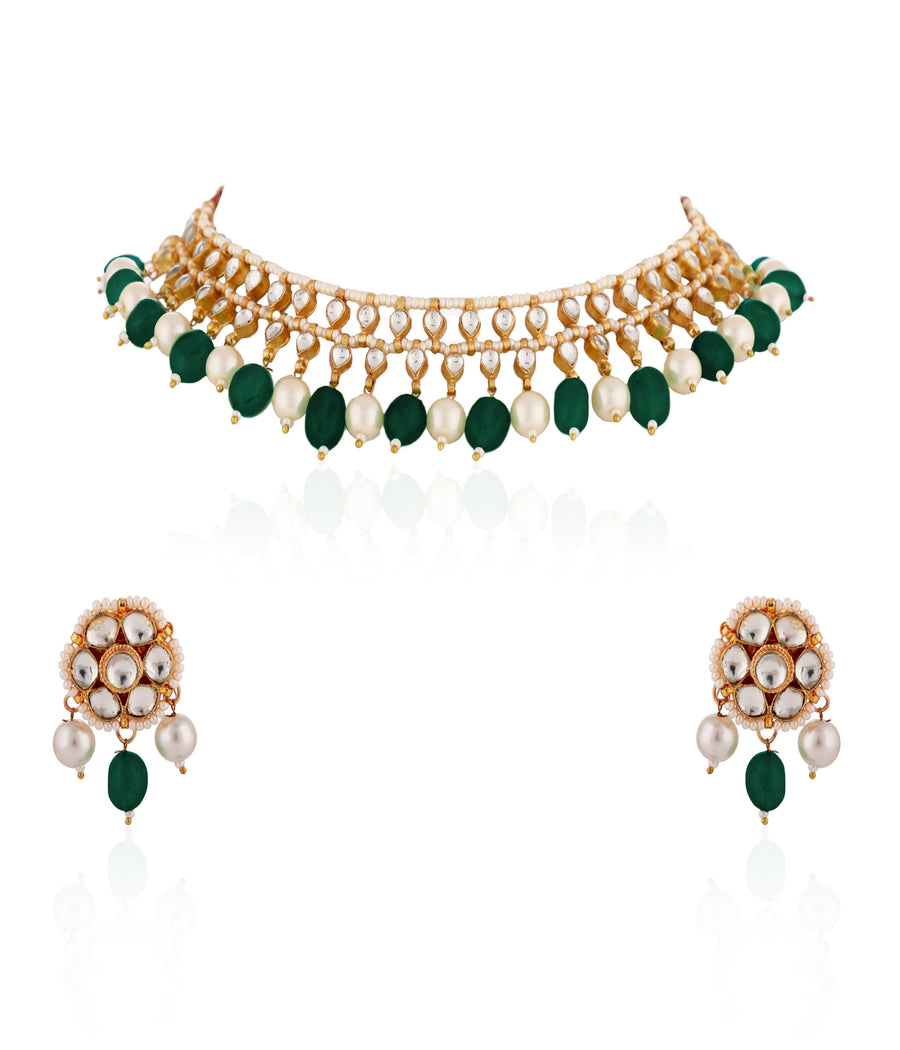 Green Beads with White Pearl Jadtar Stone Choker Set