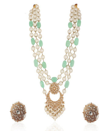 Emerald Sea Green with White Pearl Three Layered Necklace Set