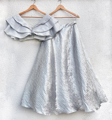 Glam Silver Ruffle Blouse Teamed with Silver Metallic Skirt