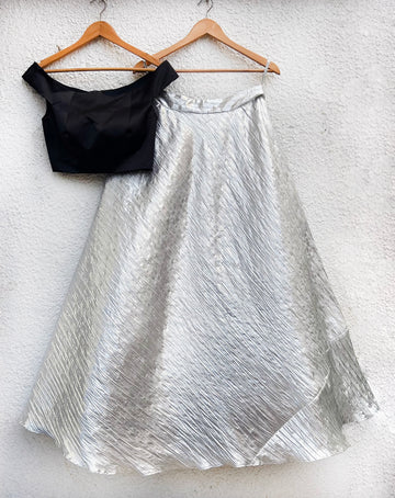 Black Off Shoulder Blouse with Metallic Silver Skirt
