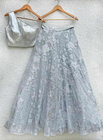 Metallic Silver One Shoulder Blouse with Silver Grey Glam Skirt