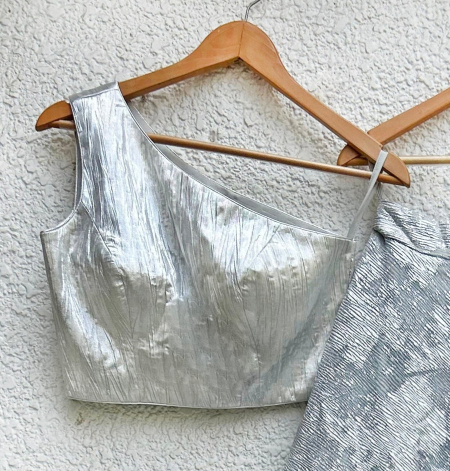 Metallic Silver One Shoulder Blouse with Silver Grey Glam Skirt