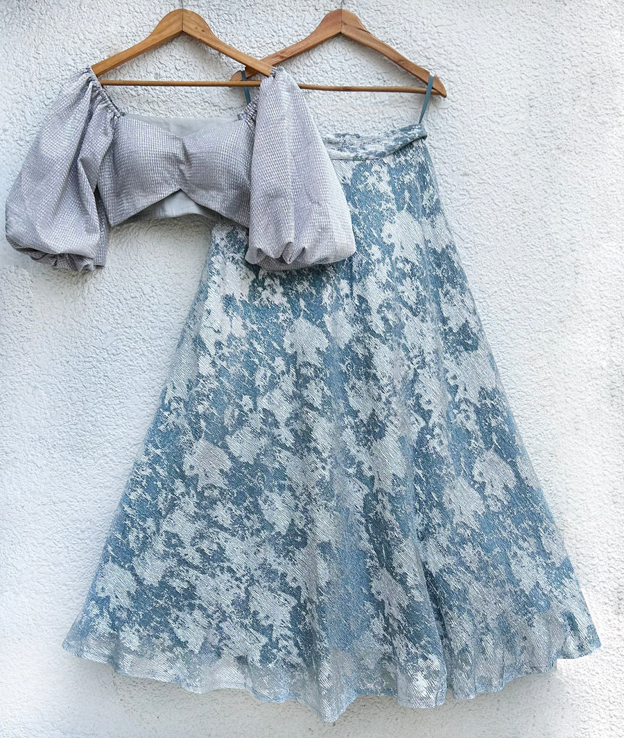 Metallic Puff Sleeve Blouse With Silver Powder Blue Glam Skirt