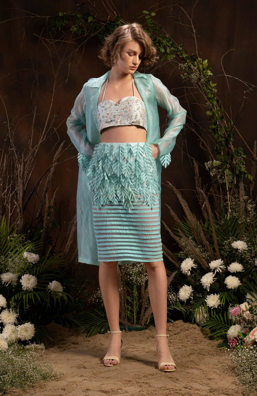 Aqua Glass Fitted Skirt Set - WaliaJones
