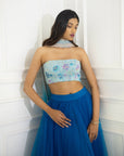 Azure Blue Multi Sequins Blouse with Blue Tulle Skirt and Ombre Dupatta - WaliaJones