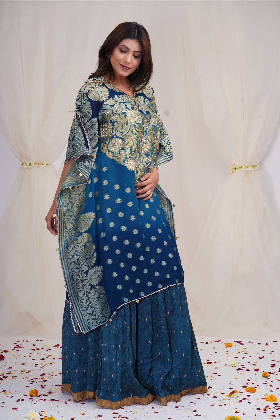 Banarasi Georgette Kaftan in Lapis and Steel Blue - WaliaJones