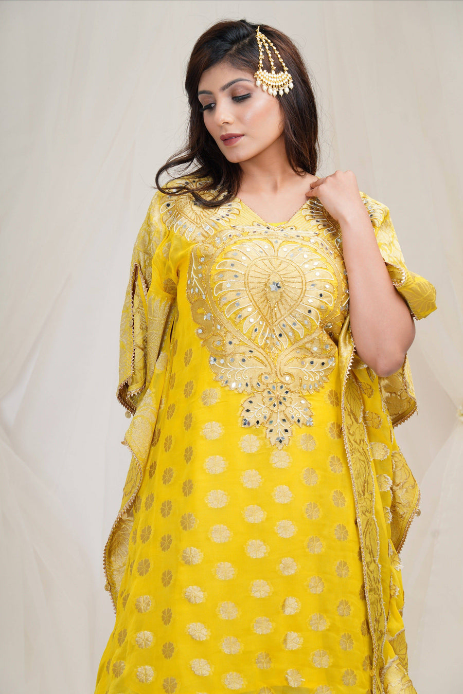 Banarasi Georgette Kaftan with Inner And Crushed Silk Skirt - WaliaJones