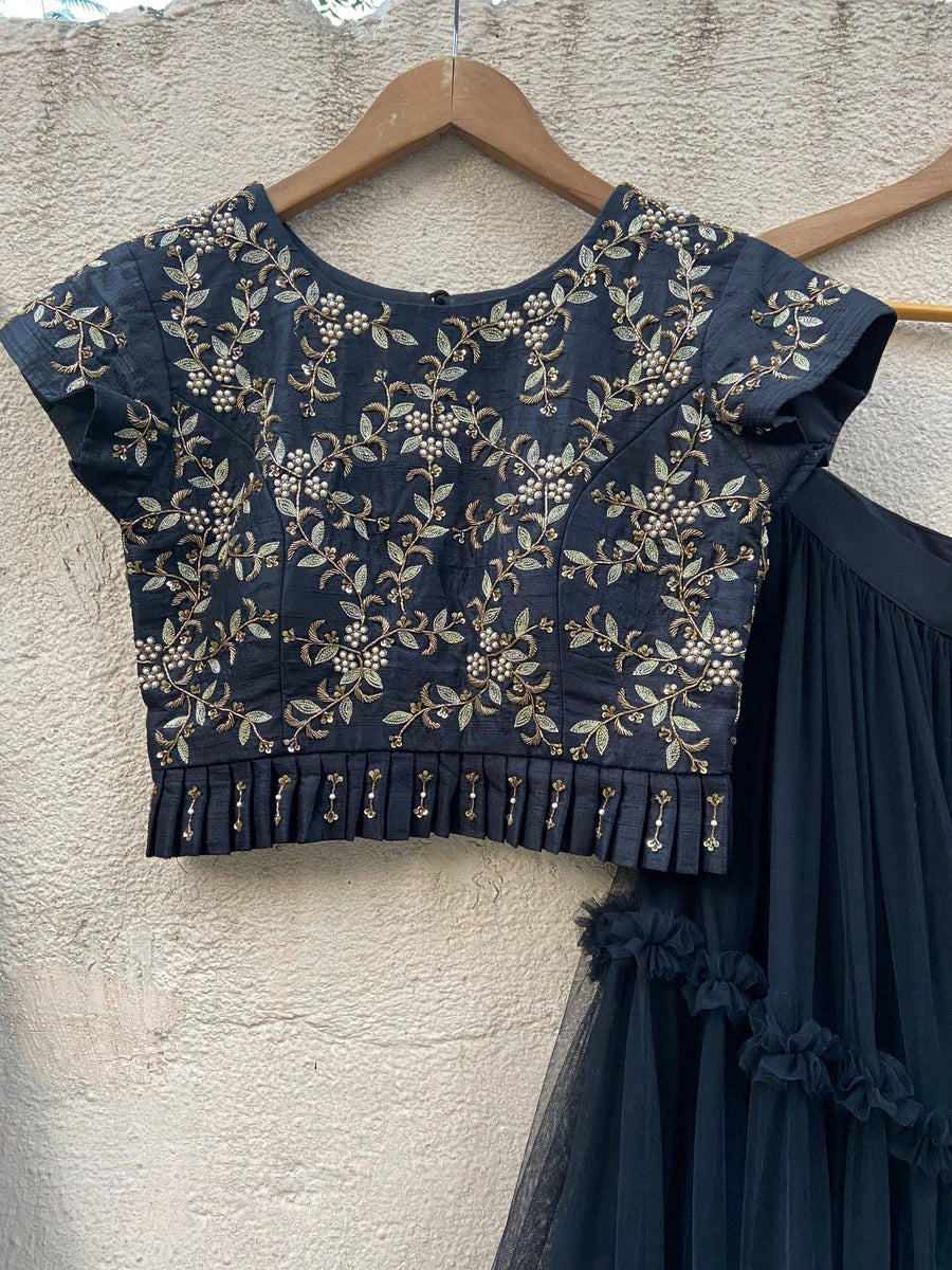 Black Tier Lehenga Set with Embroidered Raw Silk Blouse - WaliaJones