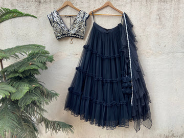 Black Tier Skirt with Black Raw Silk Mirror work Blouse - WaliaJones