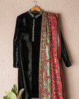 Black Velvet Sherwani With Multicolor Dupatta - WaliaJones