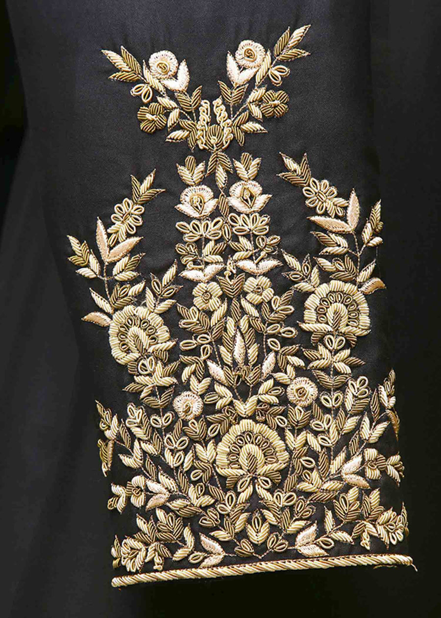 Black Wedding Sherwani with Gold Embroidery & Turban - WaliaJones
