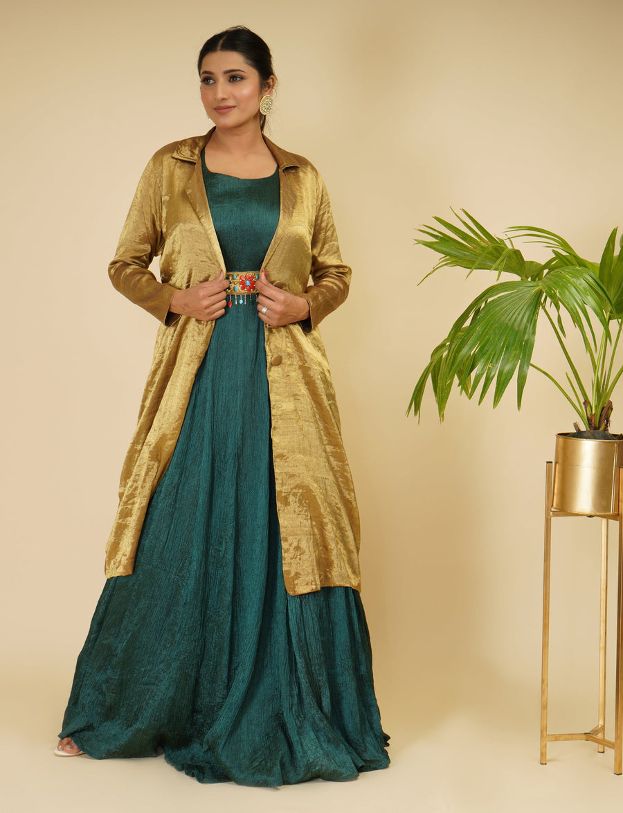 Gold Lace & Foil Jersey Jacket Dress Design by Tarun Tahiliani at Pernia's  Pop Up Shop 2024