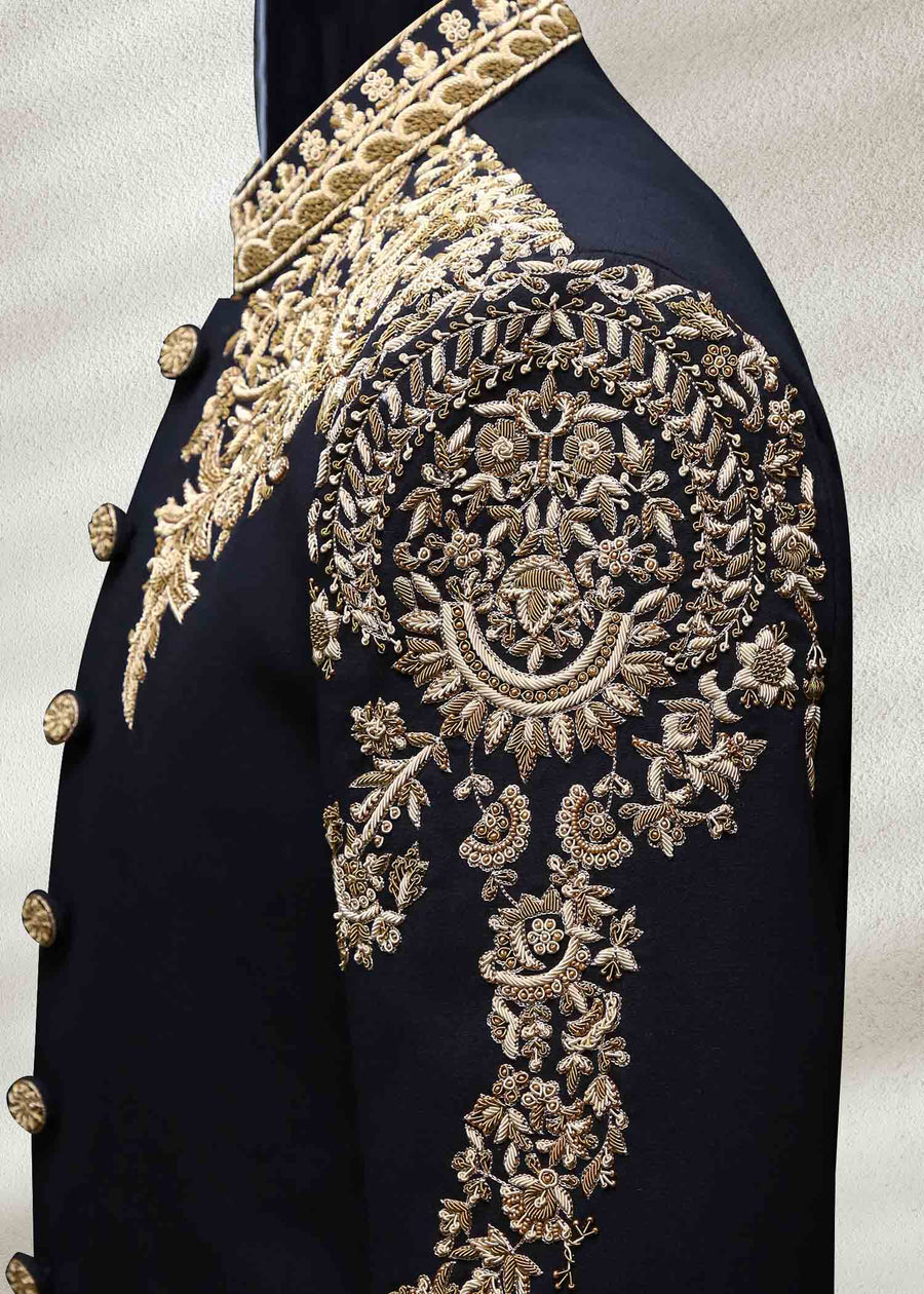 Dark Black Wedding Sherwani with Golden Embroidery - WaliaJones