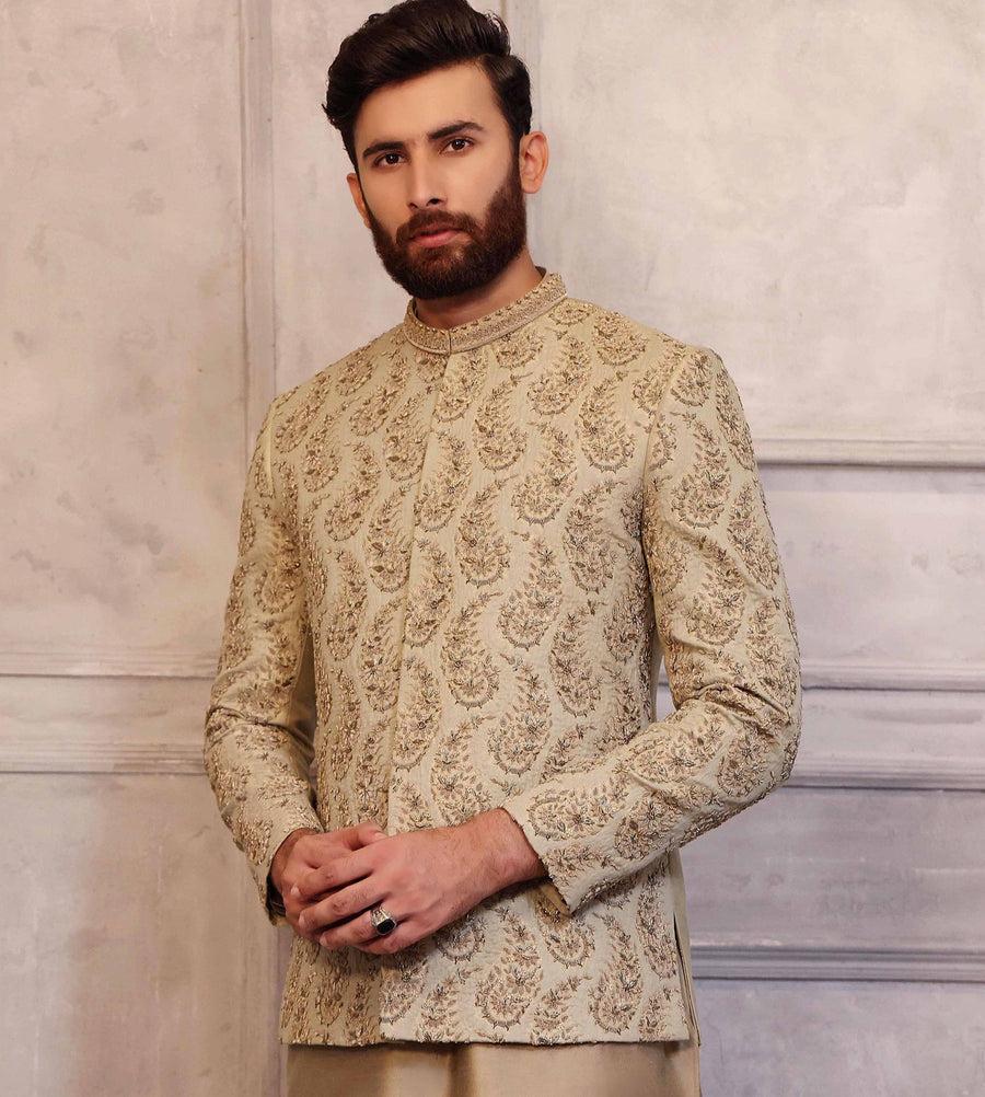 Dull Gold Prince Coat with Matching Raw Silk Suit - WaliaJones