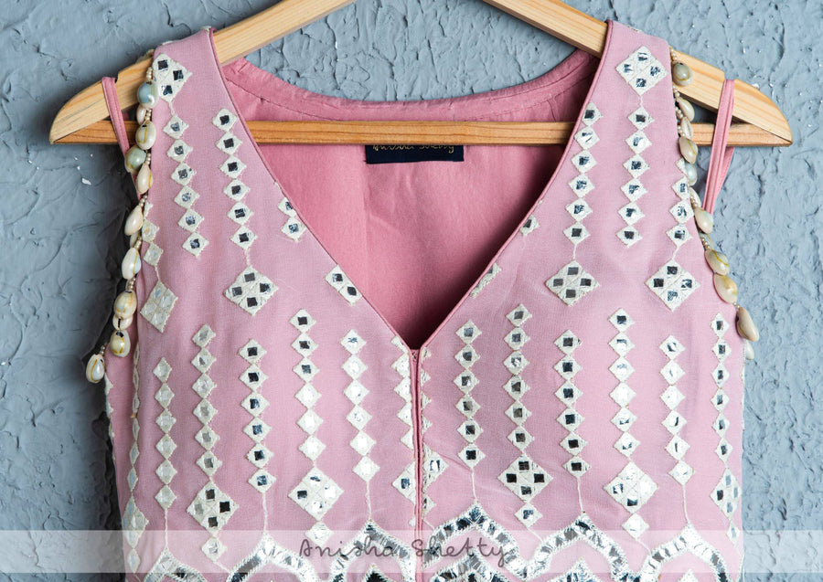 Flamingo Pink Organza Lehenga With Long Leather Applique Kurta Jacket - WaliaJones