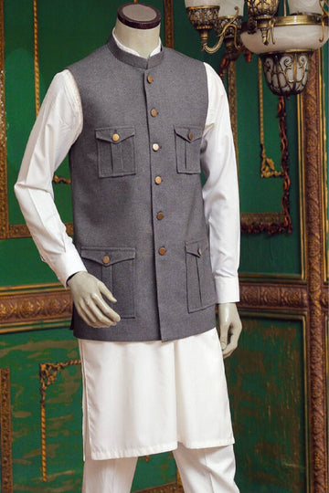 Four-Pocket Waistcoat with Ash Grey Wool Fabric - WaliaJones