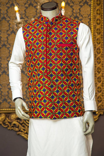 Front and Back Fully Colorful Loop Button Embroidered Waistcoat - WaliaJones