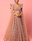 Dusty Peach Organza Thread and Sequins Embroidered Lehenga