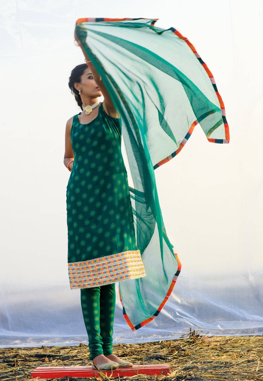 Georgette Green Printed Tunic with Lace - WaliaJones