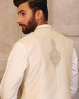Golden and Silver Colored Motifs Waistcoat with Matching Raw Silk Suit - WaliaJones