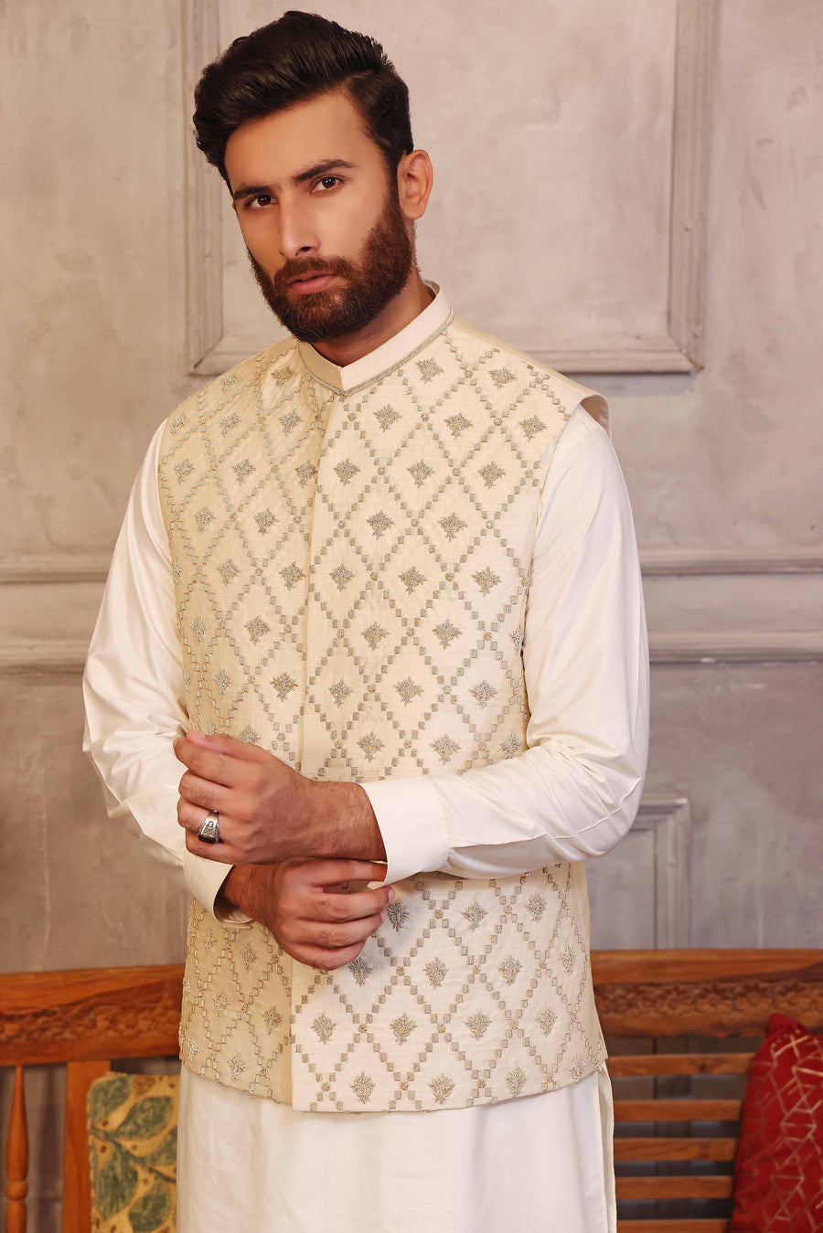 Golden and Silver Colored Motifs Waistcoat with Matching Raw Silk Suit - WaliaJones