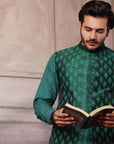 Green Golden Motifs Pattern Waistcoat with Matching Raw Silk Suit - WaliaJones