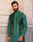 Green Kaju-Shaped Design Waistcoat with Matching Raw Silk Suit - WaliaJones