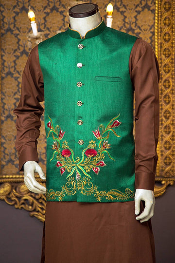 Green Raw Silk Waistcoat with Colourful Tilla & Resham Embroidery - WaliaJones