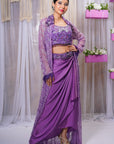 Hand Embroidered Long Shrug with Blouse Drape Skirt with Belt - WaliaJones