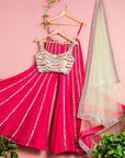 Hot Pink Mirror Flared Sharara with Green Chantily - WaliaJones