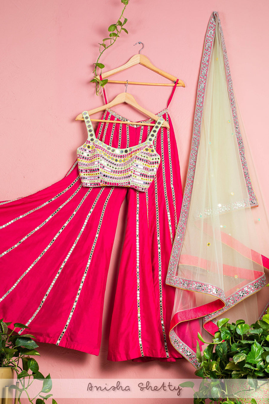 Hot Pink Mirror Flared Sharara with Green Chantily - WaliaJones
