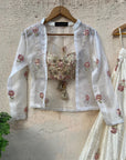 Ivory raw silk lehenga with mirror work and bustier and jacket - WaliaJones
