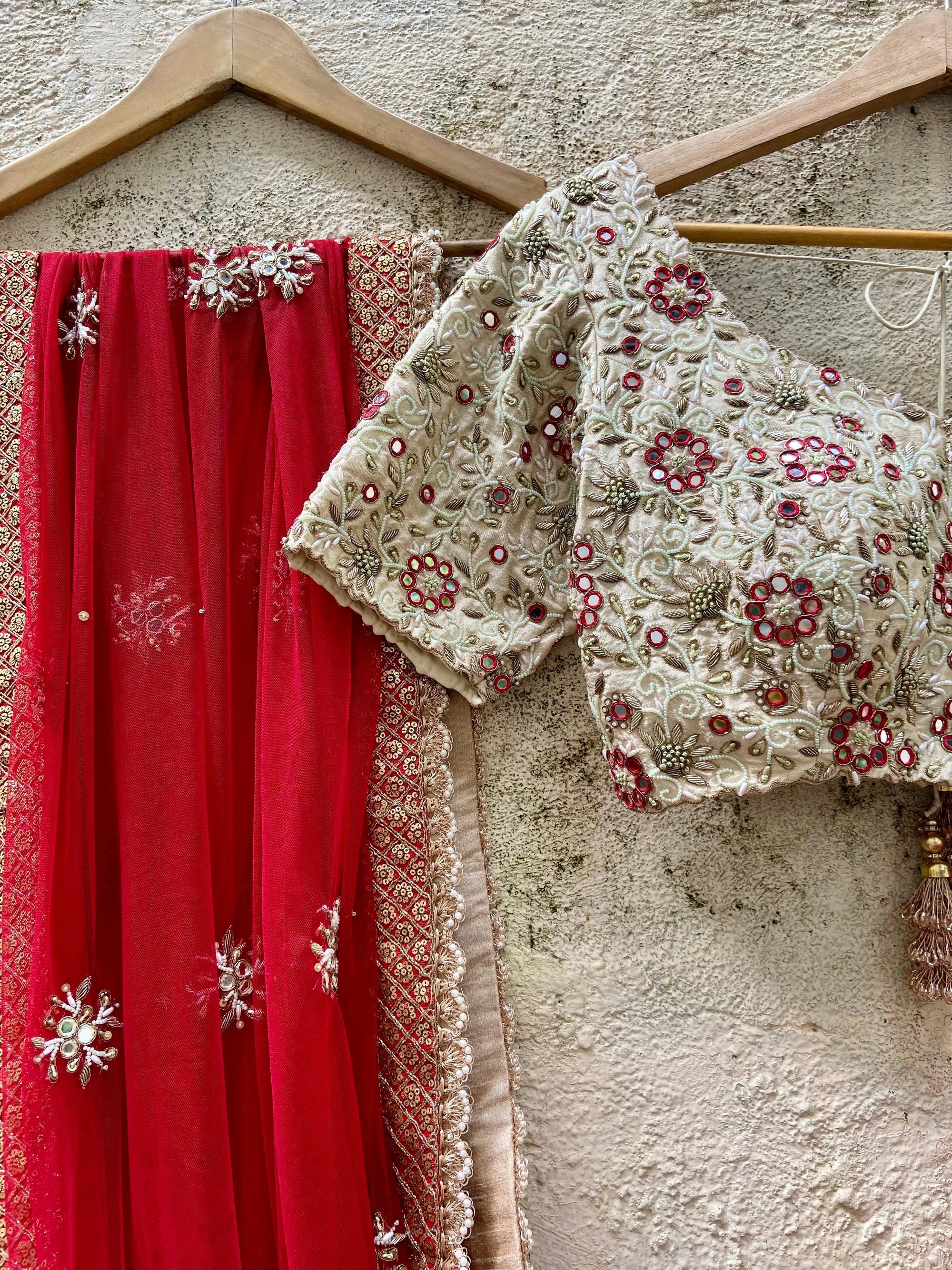 Ivory Red Bridal Thread &amp; Mirror Lehenga Set - WaliaJones